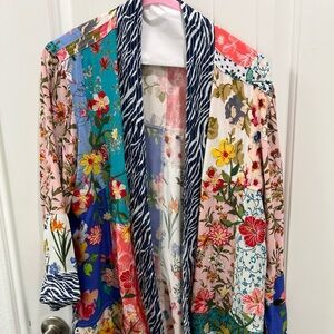 John Mark Patch Print Floral Embriodered Open Front 3/4 Sleeve Kimono